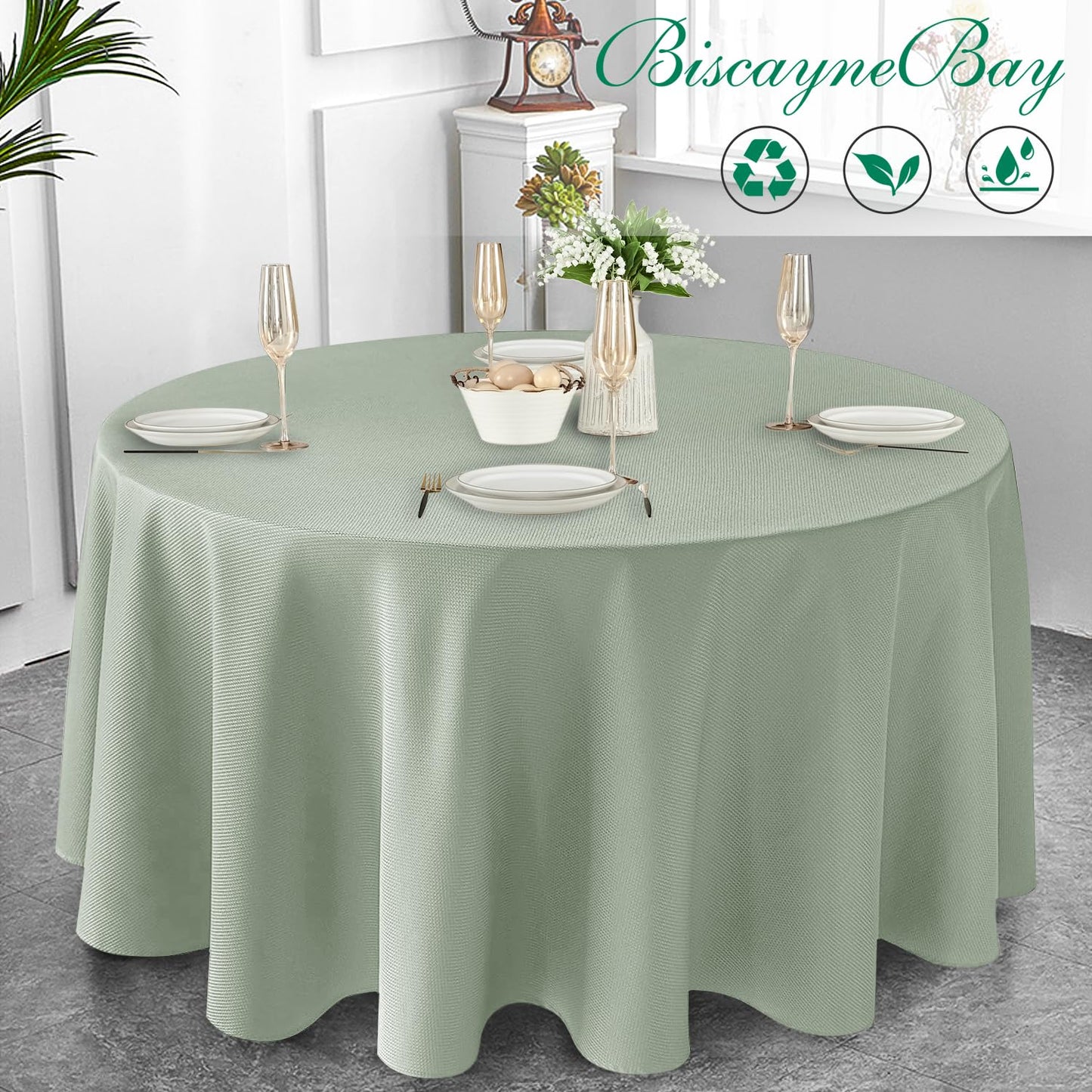 Biscaynebay Round Tablecloth 90 Inch-Sage Outdoor Fabric Table Cover-Small Circle Folding Table Cloths Linen Water Resistant Washable for Kitchen Dining Picnic Patio Outdoor Party Restaurant Tables