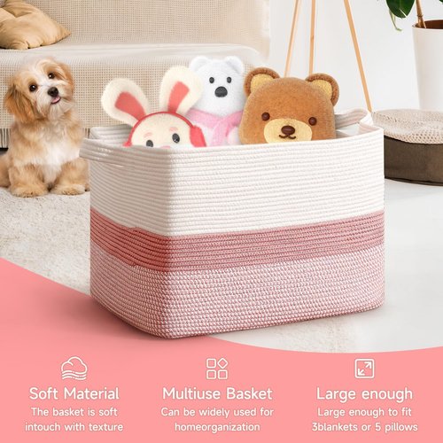 CLHMILY&Z Stylish Square Cotton Rope Storage Basket - Pink & White, 85L Capacity