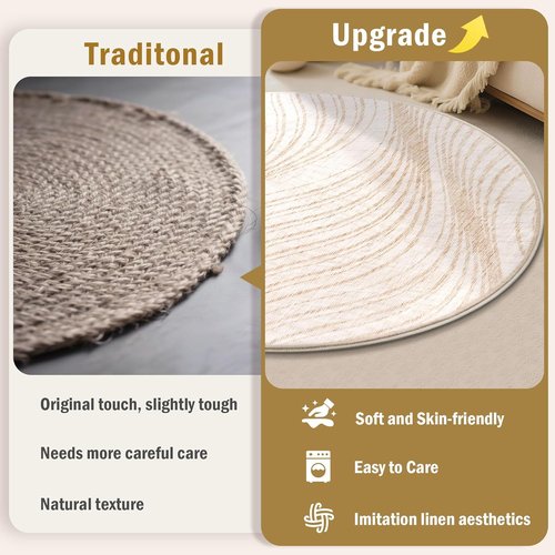 Carvapet 2 Ft Round Washable Rug - Imitation Jute Low Pile Carpet with Non-Slip Backing | Stain Resistant for Home & Office