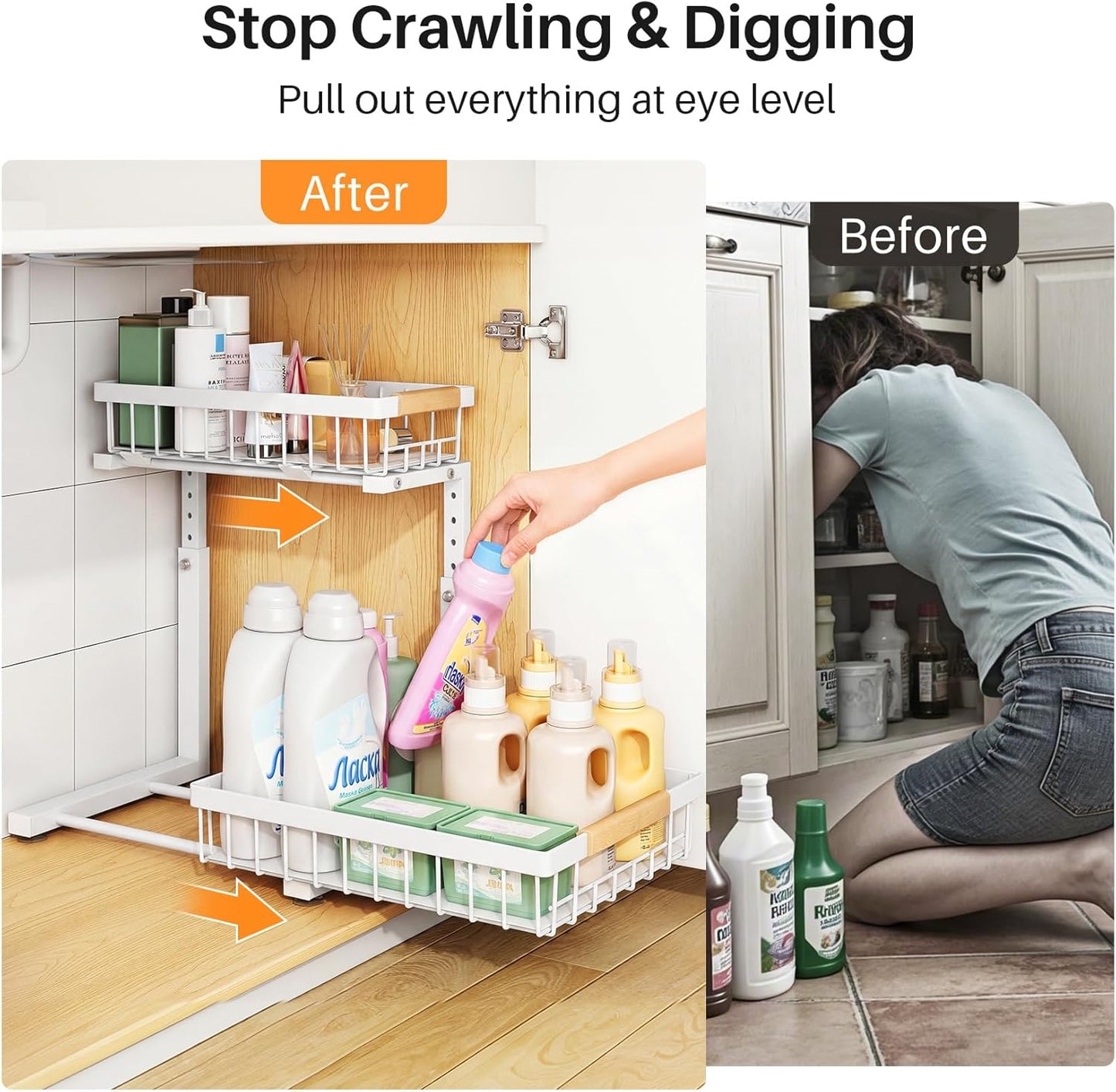 PXRACK Under Sink Organizer - Adjustable 2-Tier Pull-Out Storage for Kitchen & Bathroom | Large White 2-Pack