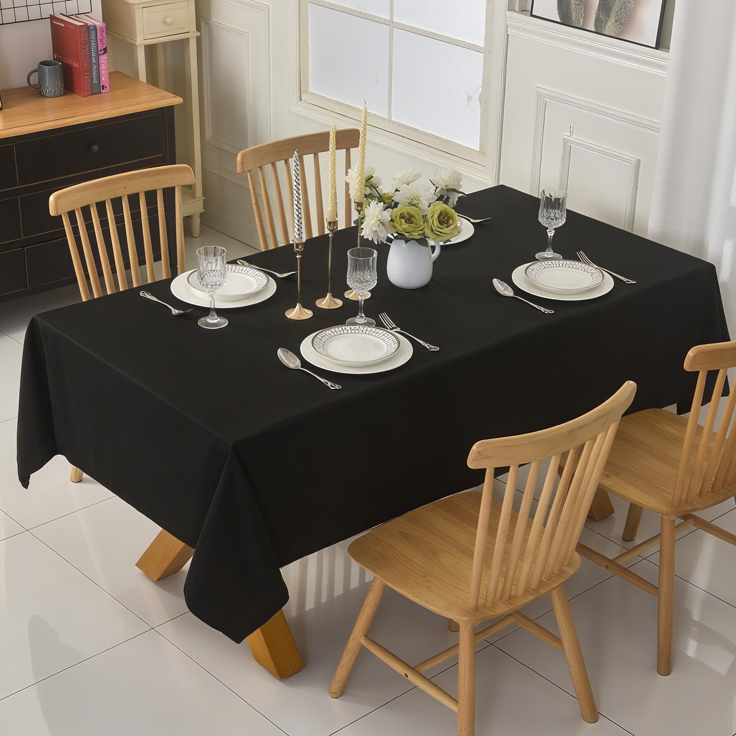 ZarzaaSik 2-Pack 90x132 inch Black Table Cloths, Solid Stain and Wrinkle Resistant Oblong Tablecloth, Premium Plain Weave Polyester Fabric Rectangle Table Linen Covers for Hotel, Wedding
