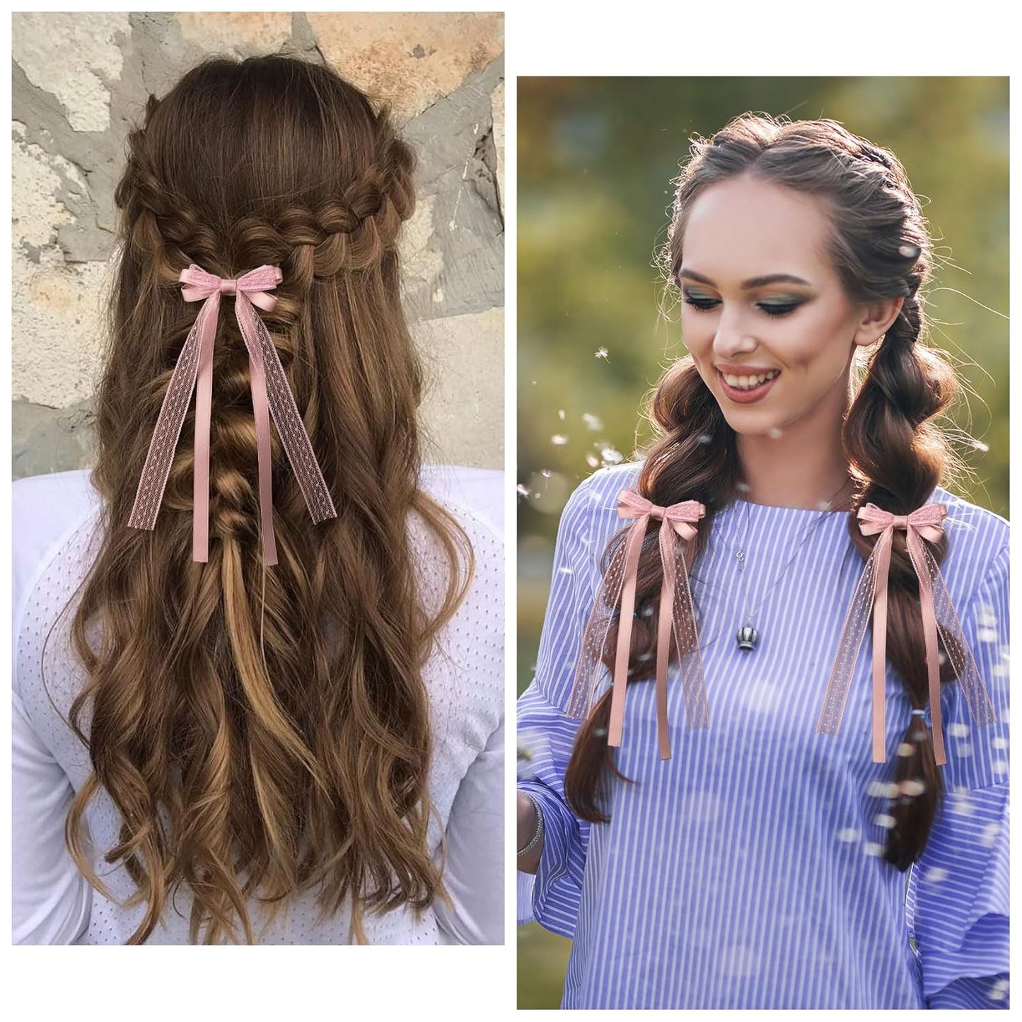 Skiennix Pink Lace Hair Bows - Cute Coquette Bow Clips with Long Tail Ribbons for Women | Perfect for Weddings & Special Occasions
