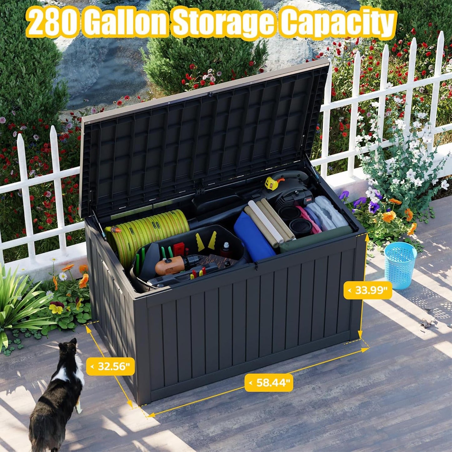 Skiennix 260 Gallon Outdoor Deck Box - Lockable Waterproof Storage for Garden Tools & Cushions | Black