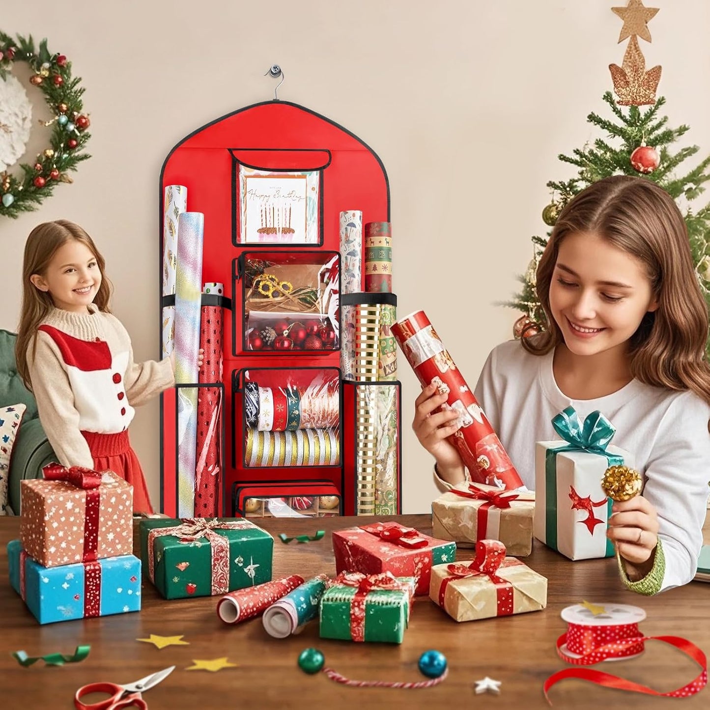 Woodoulogy Extra Large Red Double-Sided Christmas Gift Wrapping Paper Storage - 48x24 Oxford Organizer