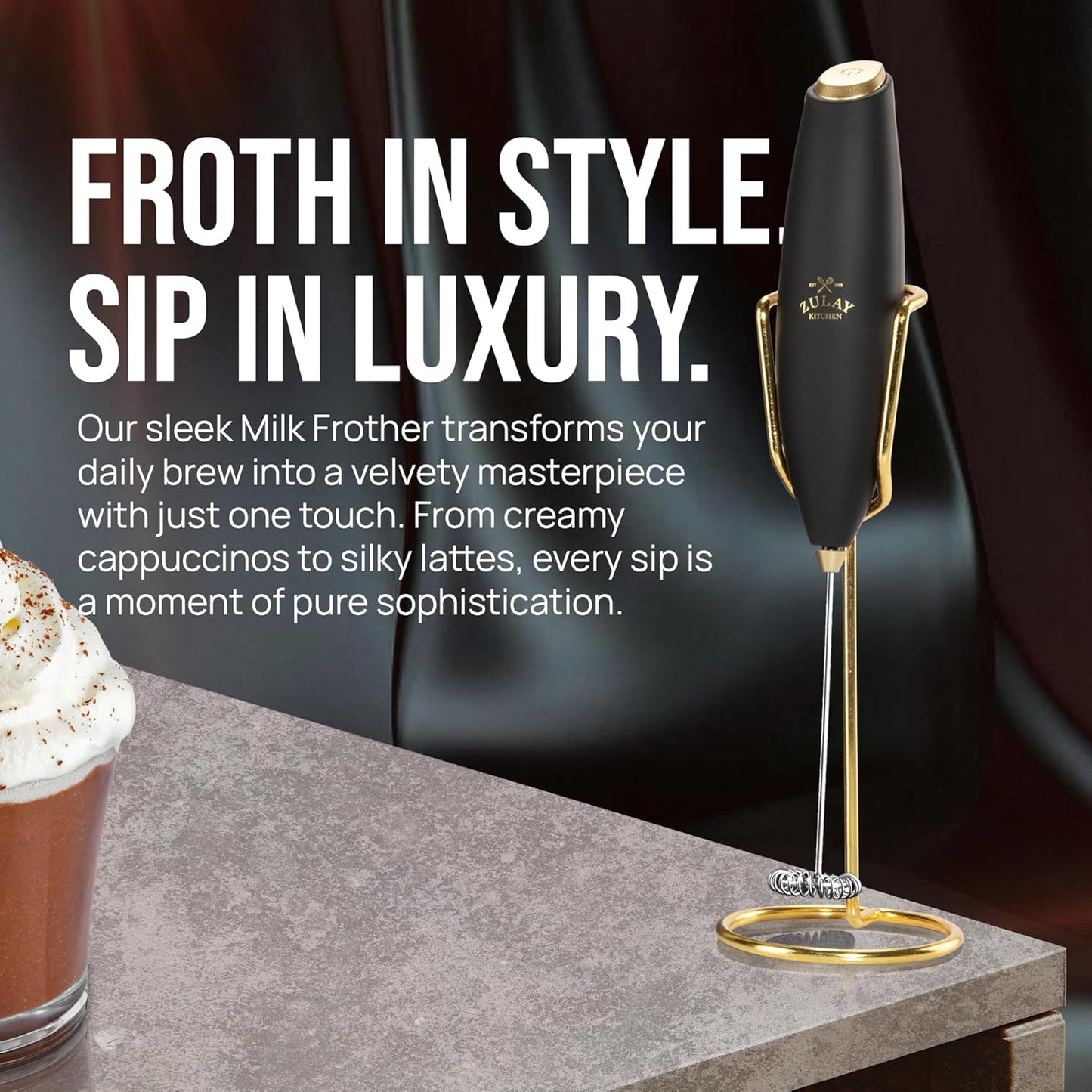 Zulay Kitchen Luxury Milk Frother - Handheld Electric Foam Maker with 4 Duracell Batteries | Perfect for Coffee, Lattes & Hot Chocolate