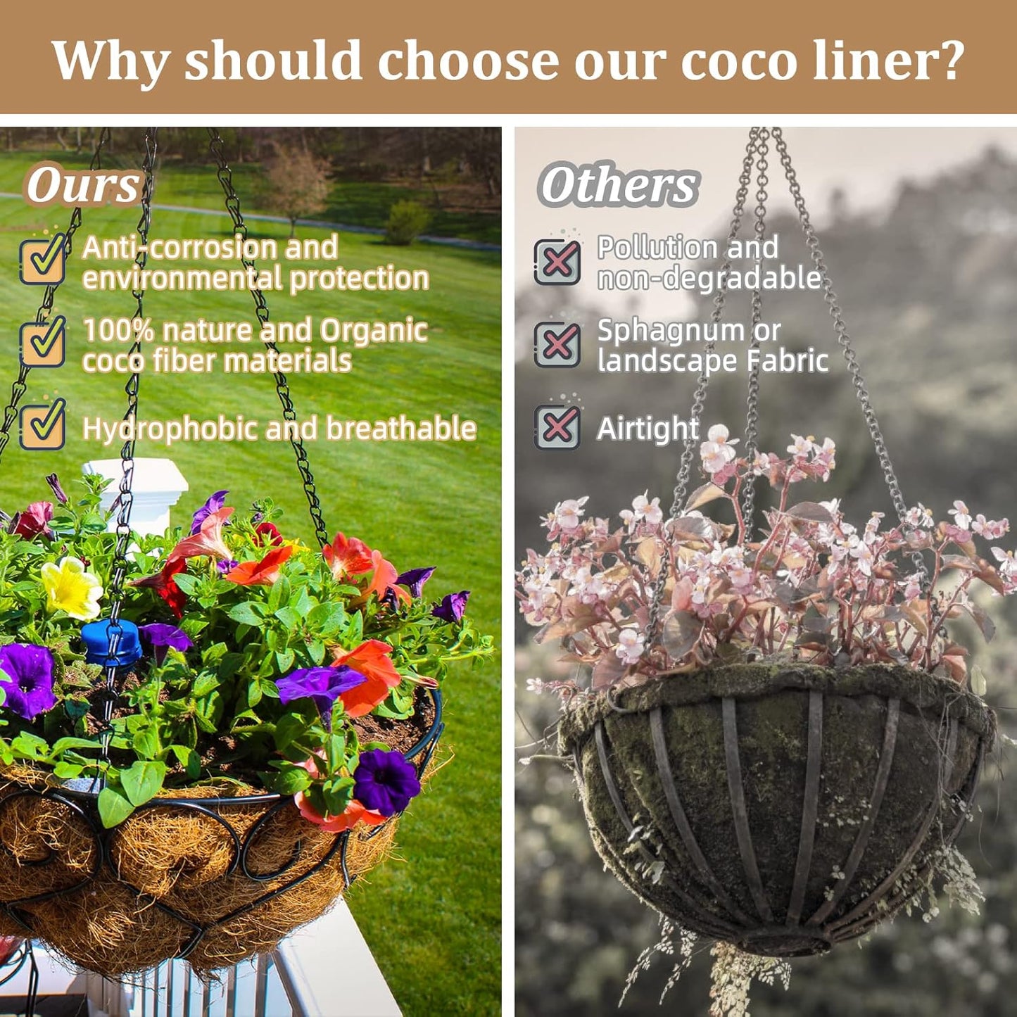 Legigo 20-Inch Coco Fiber Hanging Basket Liners - 100% Natural Round Replacement for Flowers & Vegetables