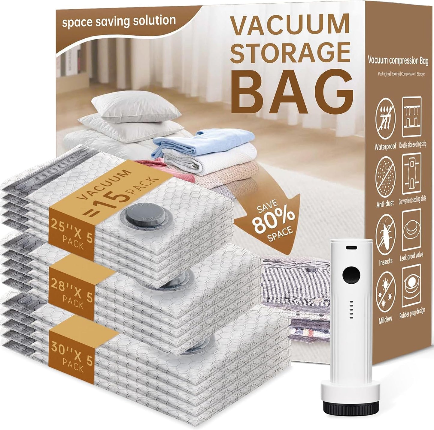Skiennix Vacuum Bags - 15 Pack Travel Compression Bags with Wireless Pump | Space Saver for Luggage