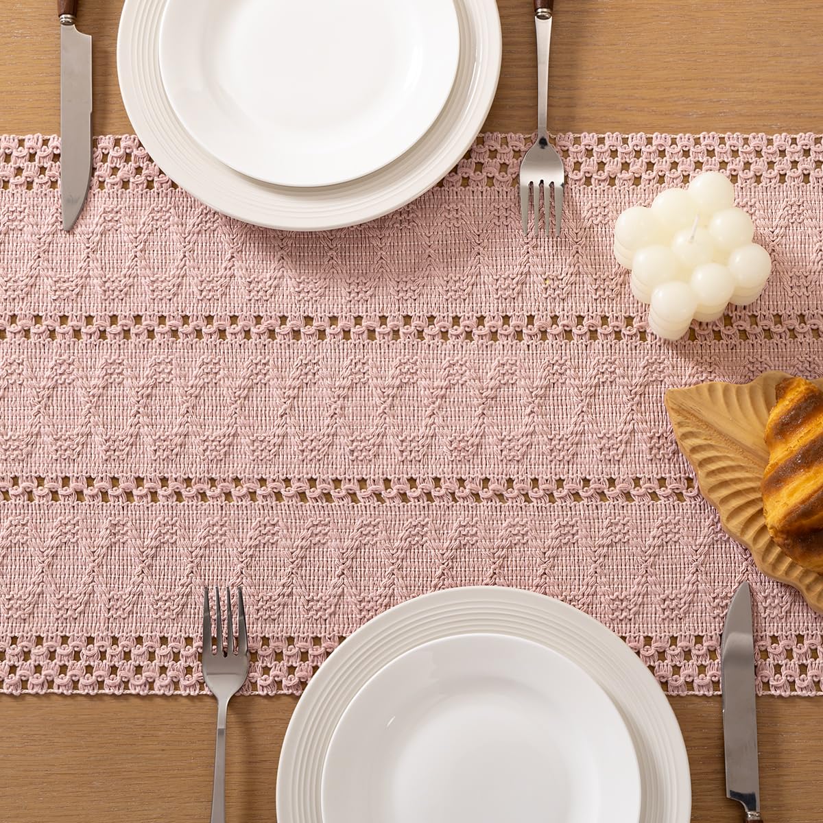Socomi Boho Table Runner Easter Spring Farmhouse Rustic Dining Kitchen Centerpiece Decor Small Macrame Woven Cotton Linen Coffee Table Runner for Dresser Scarf Home Decor 12x36 in Pink