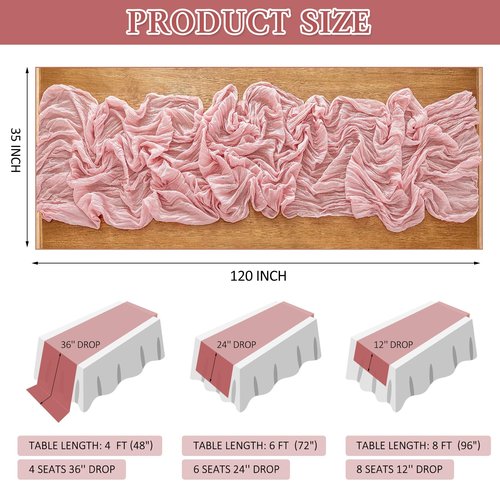 HOMEBROS Cheesecloth Table Runner, 10 Ft Boho Rustic Gauze Table Runner Sheer Wrinkled for Centerpiece Decor, Dusty Pink, 1 Pcs