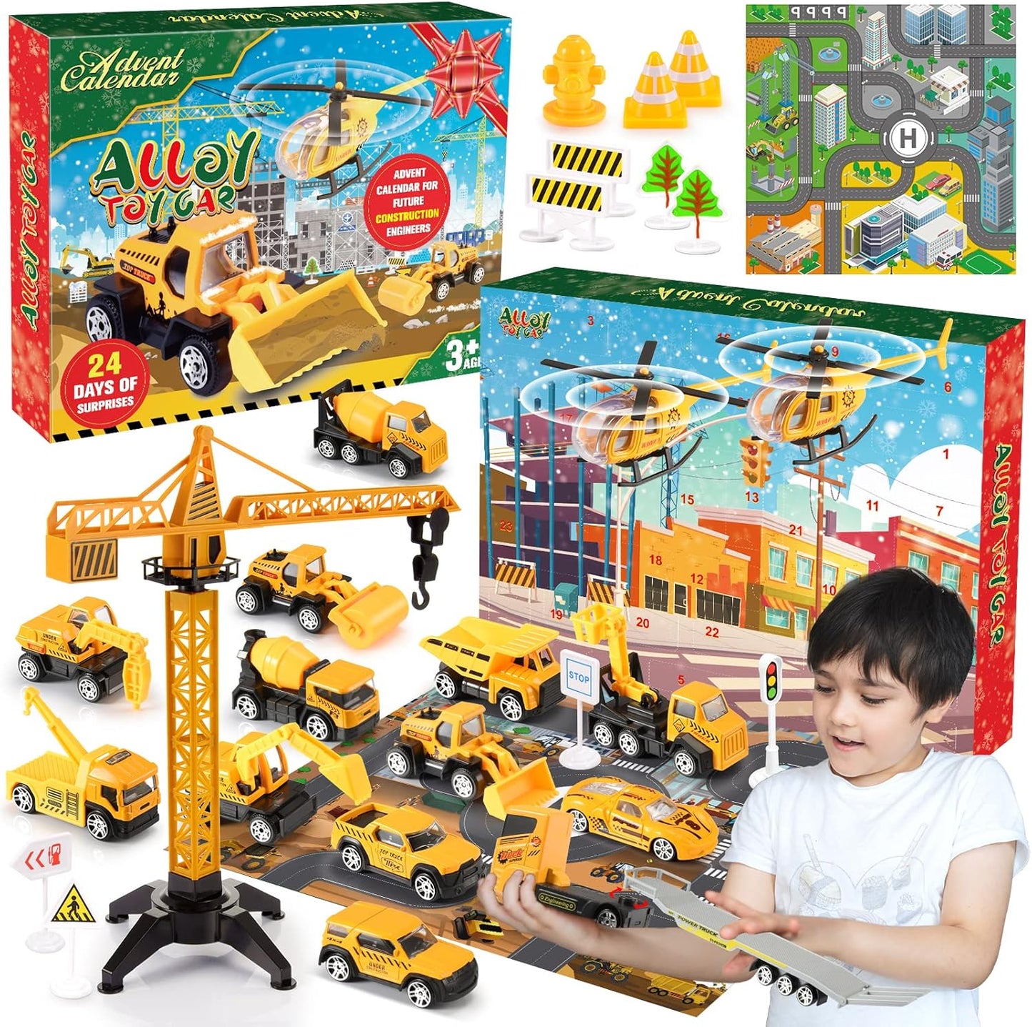 Advent Calendar - Alloy Construction Engineering Vehicle Toy Set with 2 Mats | Christmas Gifts for Boys Ages 3-8 (Yellow)
