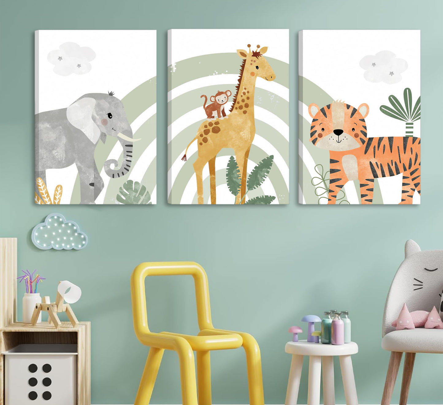 3Pcs Framed Safari Animals Canvas Wall Art elephant tiger giraffe Posters Prints Bohemian Rainbow elements Paintings Pictures wall decor for Nursery Baby Bedroom Decorations