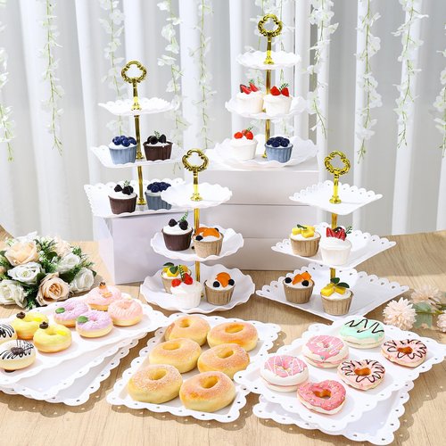 Frigg Dessert Table Display Set,10Pcs Cake Stand,4 Pcs 3 tiered Cupcake Stands and 6 Pcs Dessert Trays serving trays for Party Baby Shower Wedding Tea Party Decorations