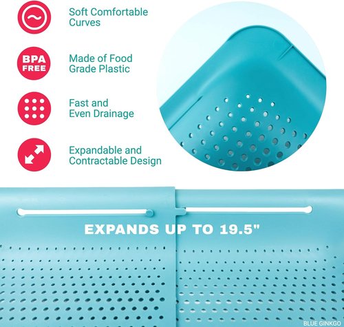 Blue Ginkgo Over The Sink Colander Strainer Basket - Extendable Design for Washing Vegetables & Draining Pasta | Kitchen Essential (7.9"W x 14.5-19.5"L x 2.75"H)