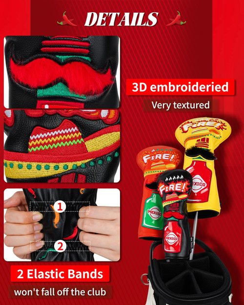 Golf Headcovers Golf Club Head Covers Chili Peppe - Mexico Style Premium Leather Driver Fairway(FW) Wood Hybrid(UT) with Number Tags Taco Fire Chili Sauce Pattern (Hybrid Head Cover)