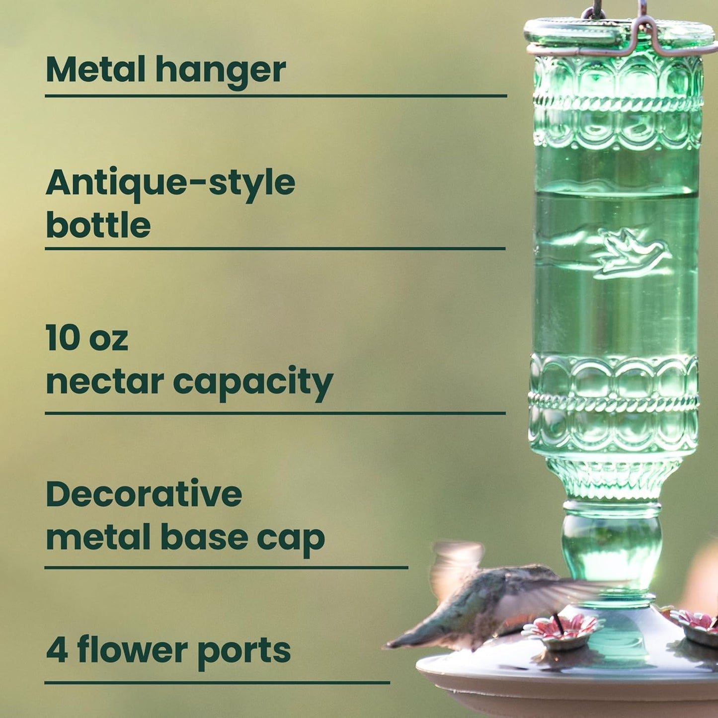 Perky-Pet Hummingbird Feeder - Durable Glass Bottle with 10 Fl Oz Nectar Capacity | Antique Green Design for Outdoor Garden Decor