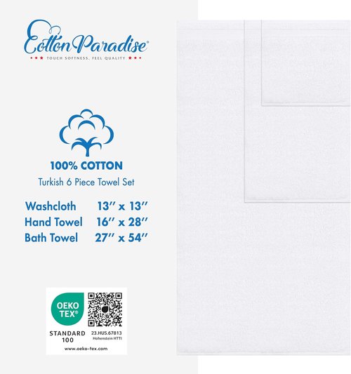 Cotton Paradise 6-Piece Towel Set - 100% Soft Absorbent Turkish Towels | White Bath & Hand Towels