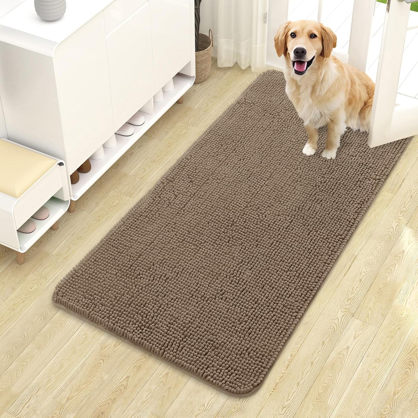 OLANLY Dog Door Mat - Absorbent Non-Slip Chenille Mat for Muddy Paws | 44x24 Tan Indoor Carpet