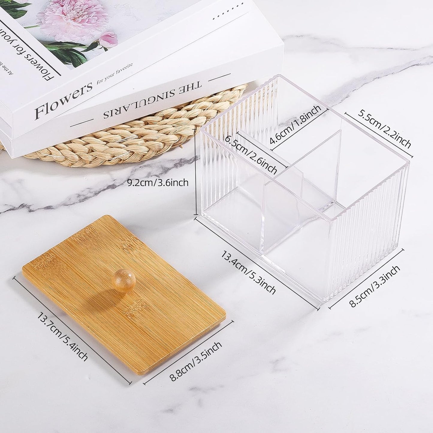 Ohlove Qtip Holder - Bamboo Lids & 3 Compartments | Clear Plastic Cotton Ball Dispenser