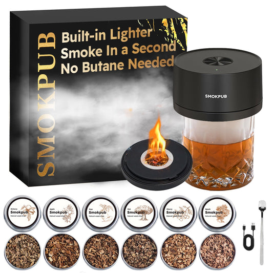 SMOKPUB Electric Whiskey Smoker Kit Built-in Lighter, No Butane Needed, Rechargeable Cocktail Smoker Kit with 6 Wood Chips, Old Fashioned Drink Smoker Kit, Bourbon Whiskey Gifts for Men,Dad,Husband
