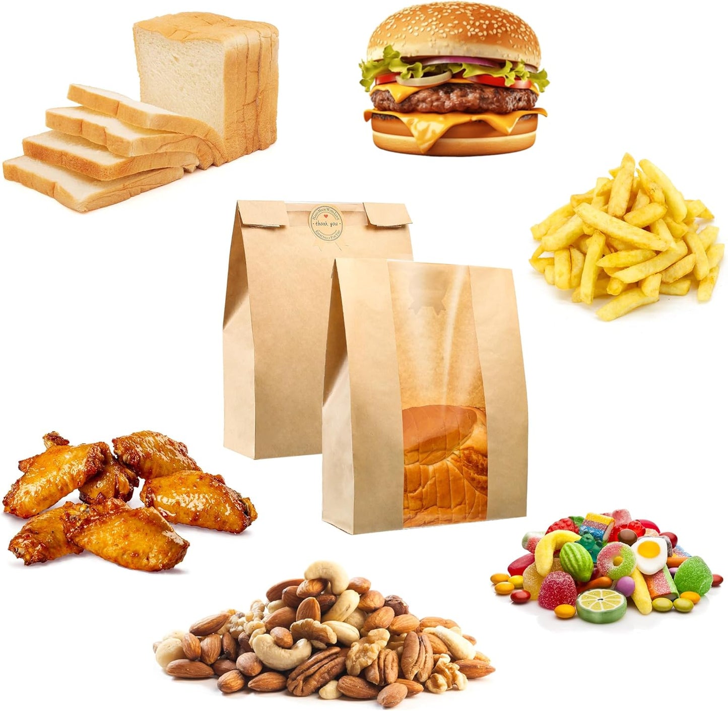 Skiennix 50 Pcs Bread Bags - 50% Thicker Sourdough Paper With Window | 13.7x8.2x3.7in Bakery Storage Bags & Stickers