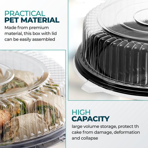 12" Catering Trays With Lids [3 Pack] - Black Serving Tray, Clear Lid, Plastic Disposable Round Party Platters, Flan Containers, Dessert Sandwich Cookie Food Trays for Parties