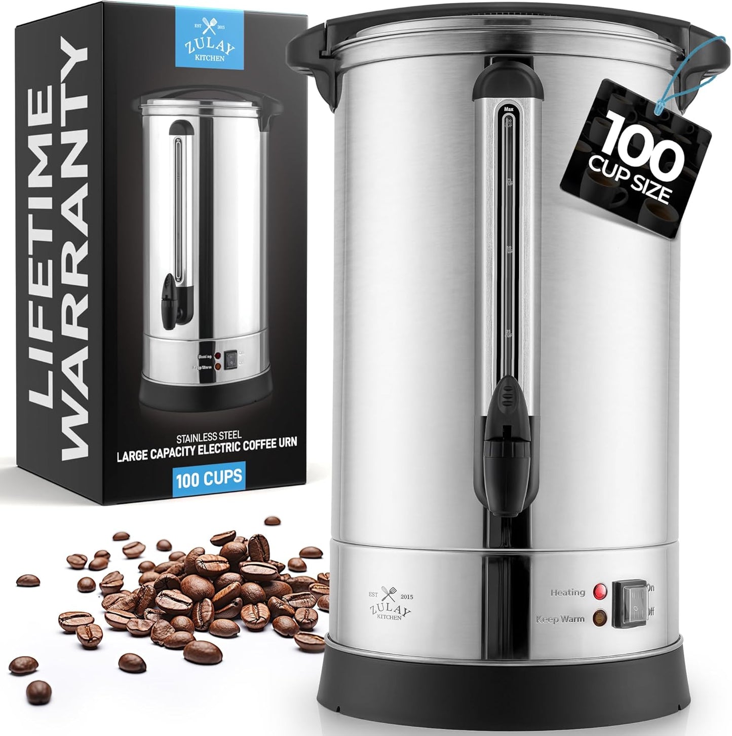 Zulay 100-Cup Coffee Maker | Commercial Grade Hot Water Urn with Double-Wall Stainless Steel - Quick Brew, Silver