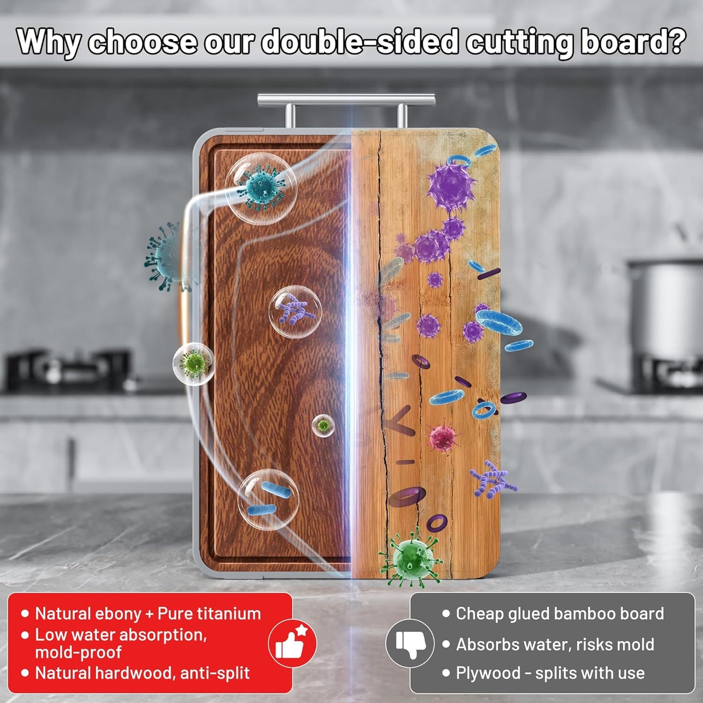 Titanium Cutting Boards - Ebony Wood Double-Sided Chopping Board with Handle & Juice Groove