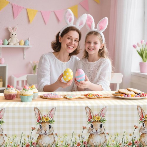 Childom 2 Pack Easter Tablecloth,Easter Decorations 54" x 108" Disposable Plastic Tablecloth,Bunny Table Cloth Checkered Decorations,Plastic Table Cover for Party Supplies,Indoor,Outside,Home,Dinner