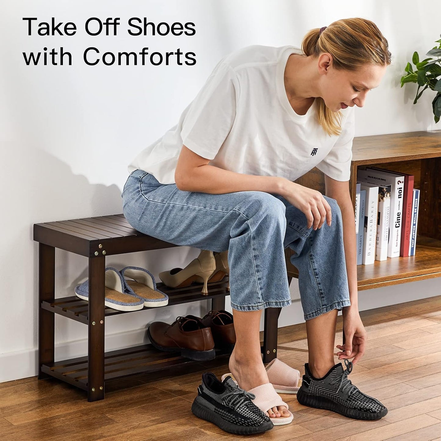Pipishell Bamboo Shoe Rack - 3-Tier Sturdy Storage Bench for Entryway & Living Room | Holds Up to 300lbs, Brown