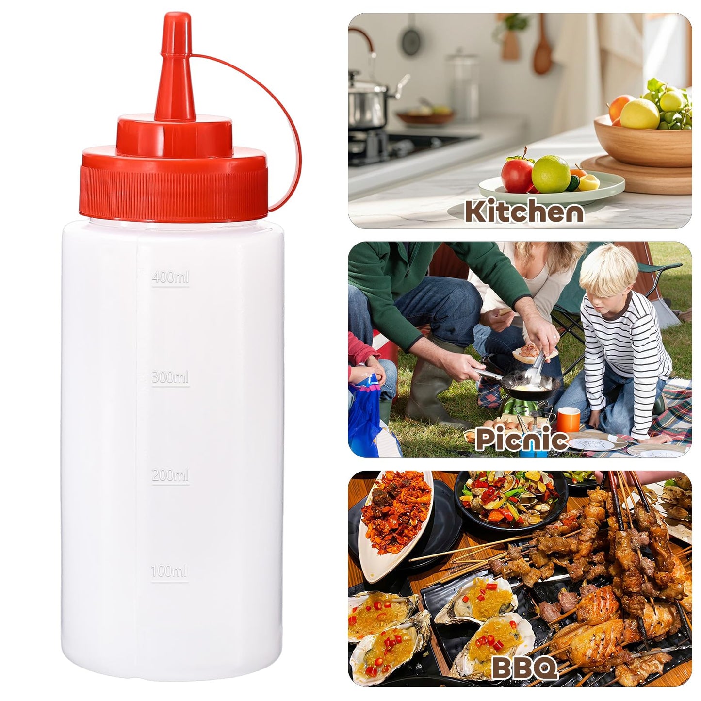 Katfort Squirt Bottles for Sauces Ketchup Bottles Squeeze, 2 Pack 12oz Condiment Squeeze Bottles for Liquids BBQ Dressing Pancake Art, Plastic Sauce Bottle with Cap Lid