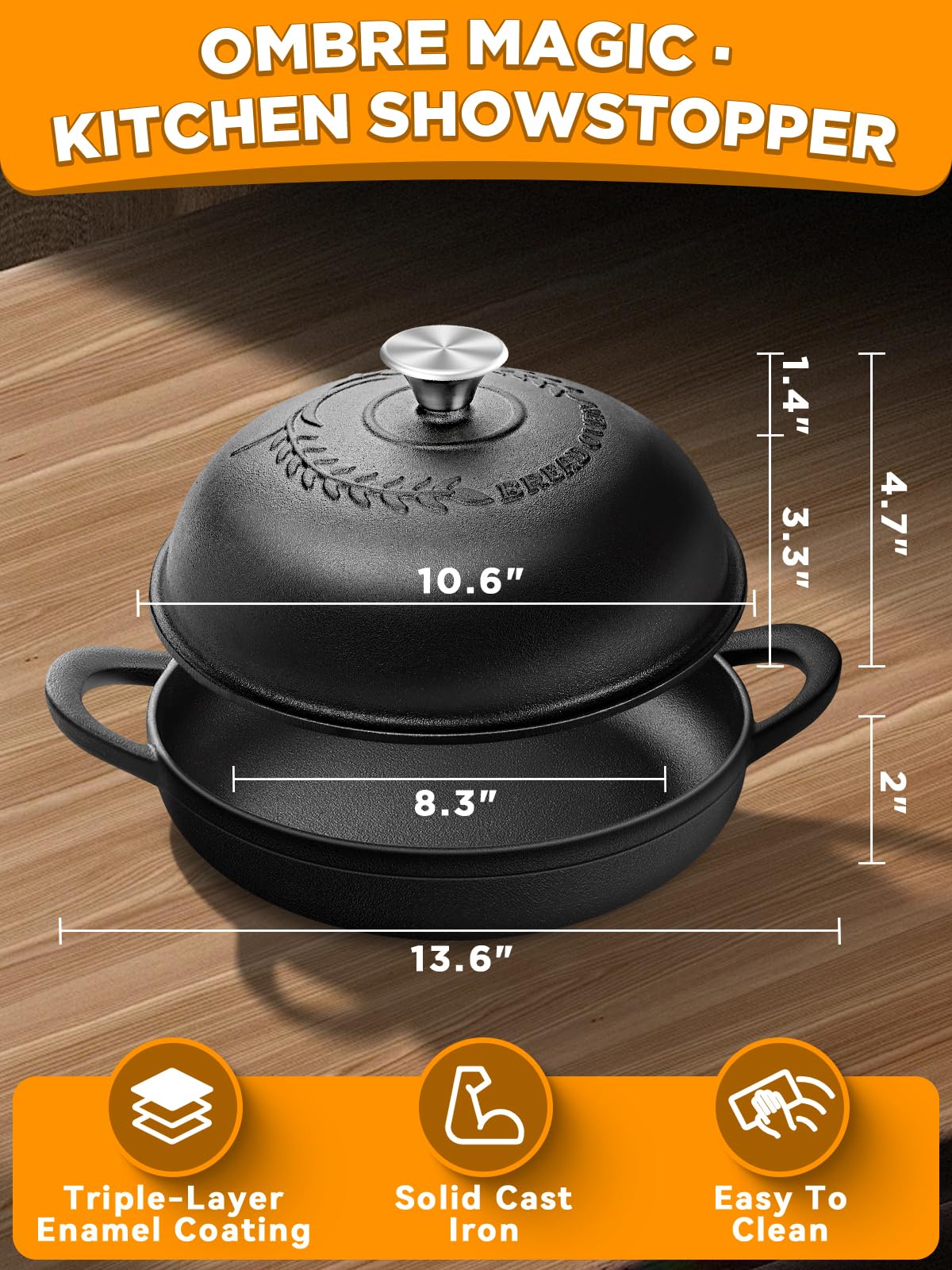 Dutch Oven Bread Baking Pot with Lid 6QT Enameled Cast Iron Oven, Matte Black Design & Sourdough Kit (Silicone Sling) for Artisan Bread Making