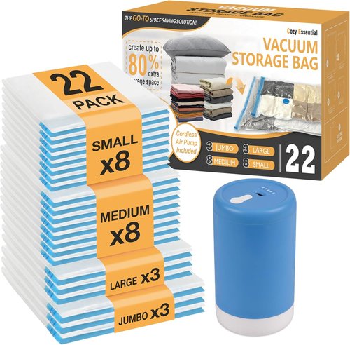 Cozy Essential Vacuum Storage Bags - Space-Saving Travel Solution with Rechargeable USB Pump | 22 Combo for Clothes, Blankets & Bedding