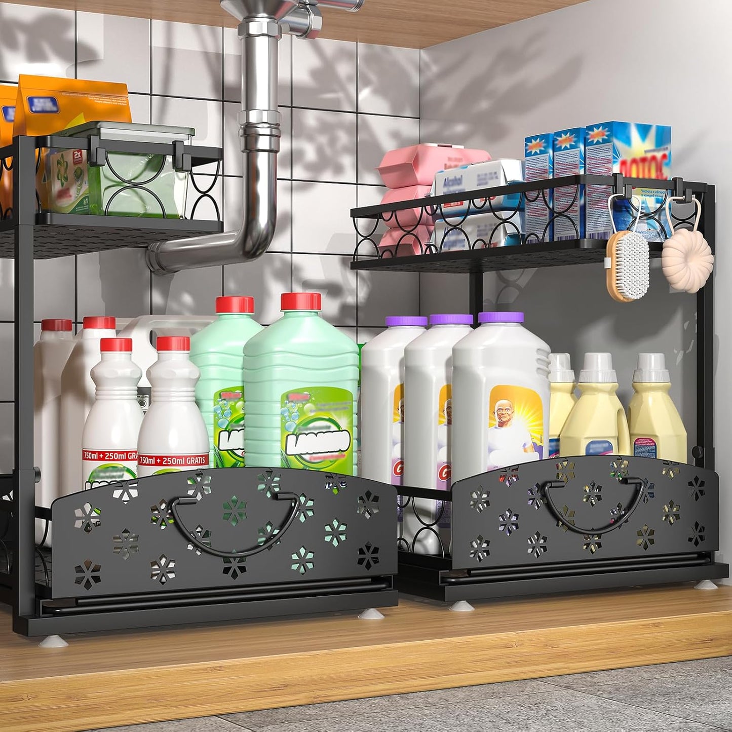 Sevenblue Under Sink Organizers - 2-Tier Kitchen & Bathroom Storage with Sliding Drawers | Metal, 2 Pack
