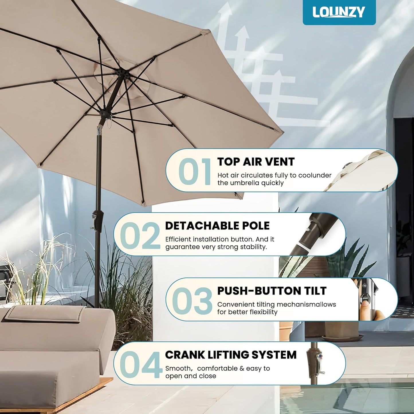 LOUNZY 9FT Large Outdoor Patio Umbrella - UV Resistant with Easy Tilt & Crank | Sturdy Fiberglass Ribs for Backyard & Pool