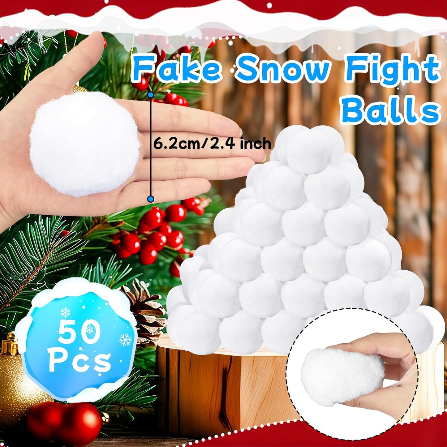Skiennix 50 Pcs Fake Snow Balls - Soft Plush 2.4 Inch Snowballs for Indoor/Outdoor Winter Fun