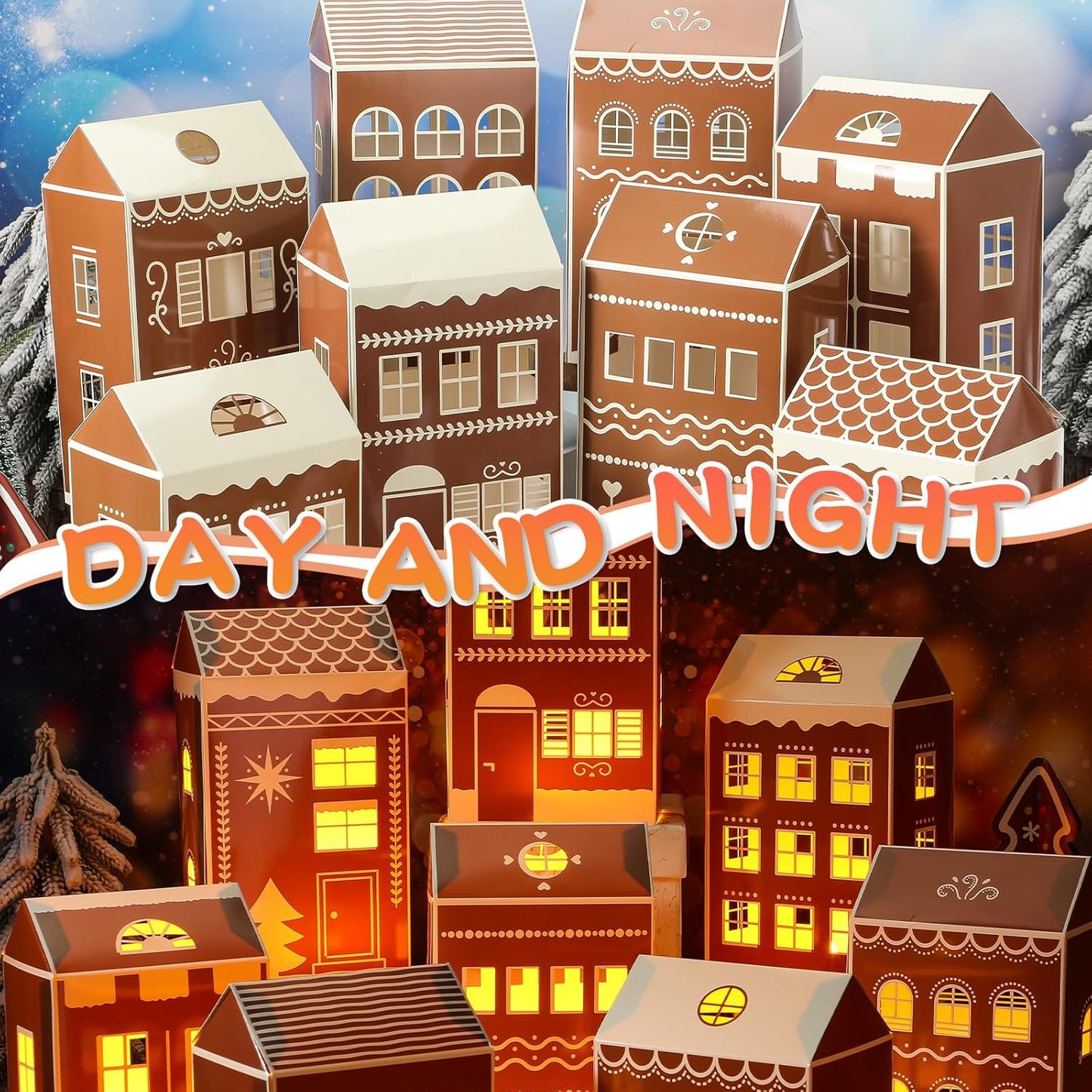 Reallnaive 20 Pcs Large 8" Christmas Cardboard Village Houses Set - DIY Gingerbread Decor with LED Candle