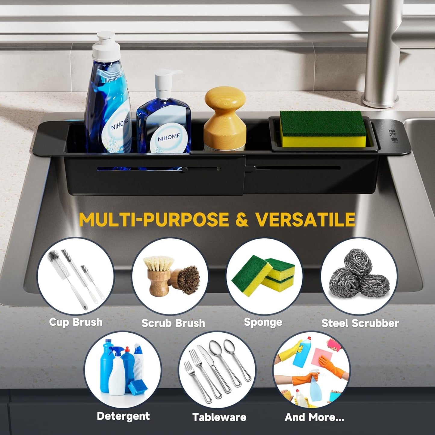 NiHome Extendable Over Sink Kitchen Organizer - Adjustable Sponge & Brush Rack with Non-Slip Pads (Black)