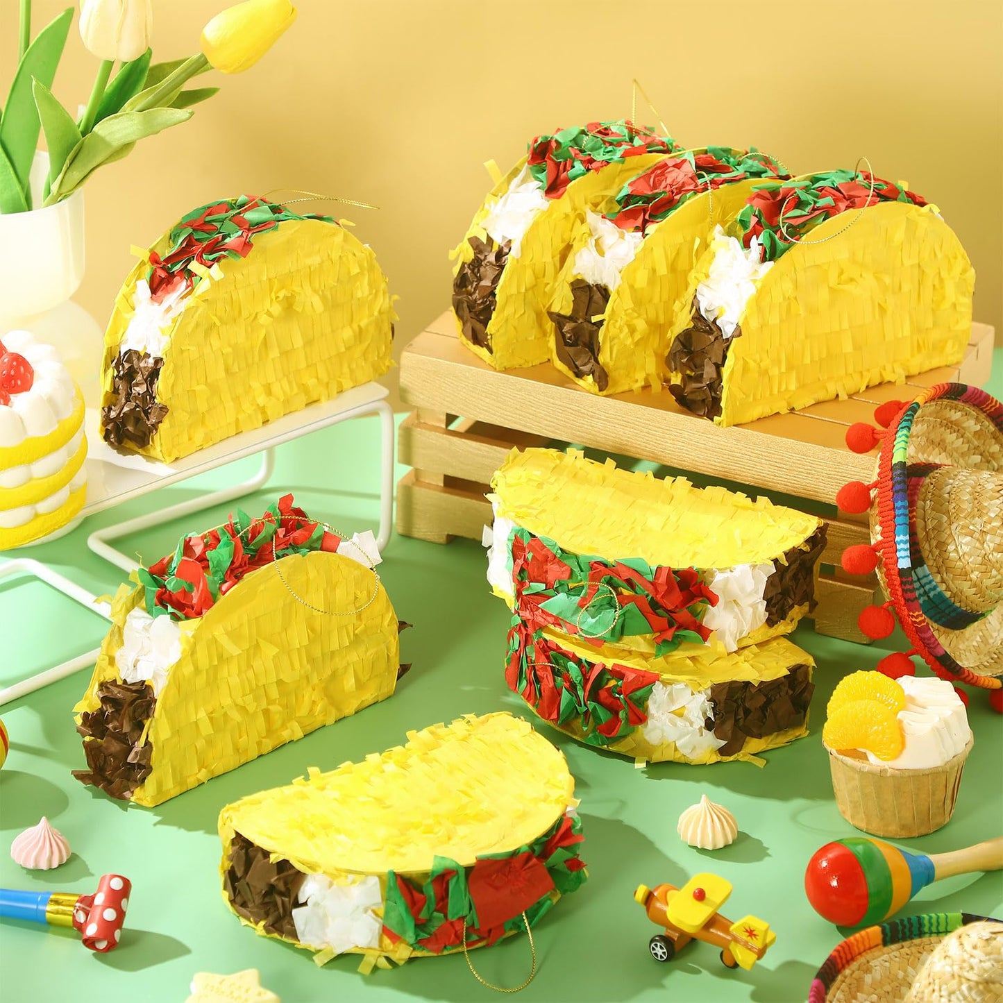 Harrycle 24 Pcs Mini Taco Piñatas for Cinco De Mayo Mexican Little Fiesta Taco Piñata Bulk for Mexican Carnivals Tuesday Event Party Favors, 5.9 x 3.9 x 1.6 Inches