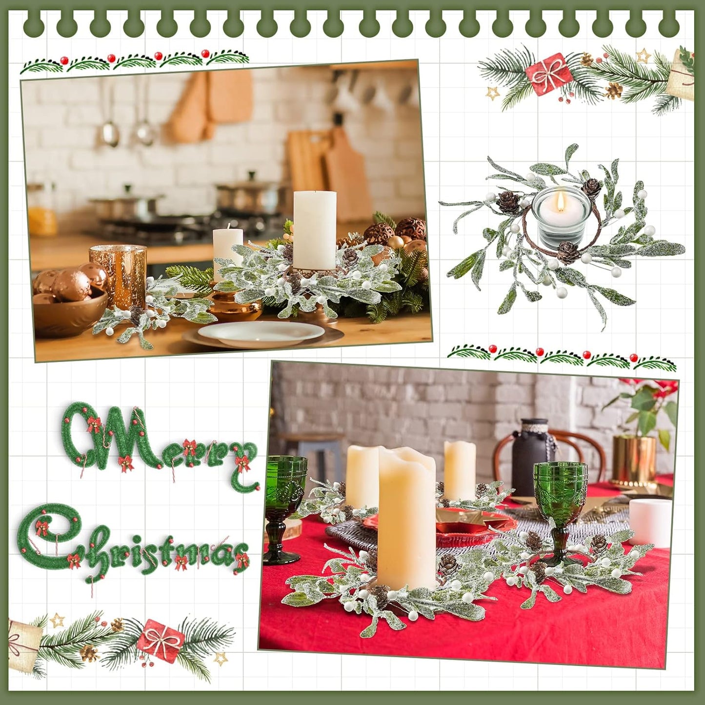 Skiennix Christmas Pillar Candle Rings - 6 Pieces Frosted Mistletoe Wreaths with Pearl Accents for Holiday Decor