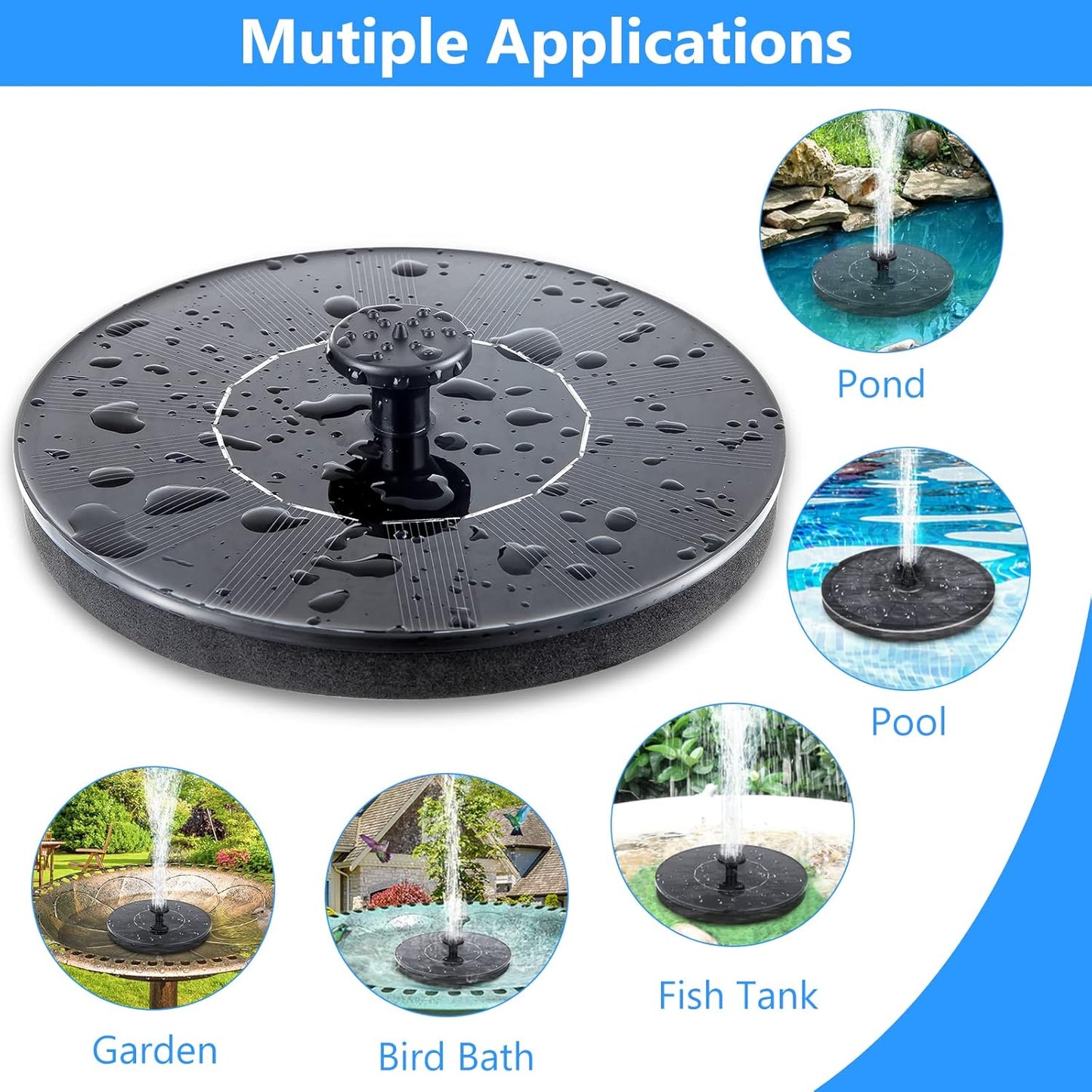 Mademax Solar Fountain Pump - 1.4W Upgrade with 6 Nozzles | Floating Bird Bath Water Feature for Garden & Pond