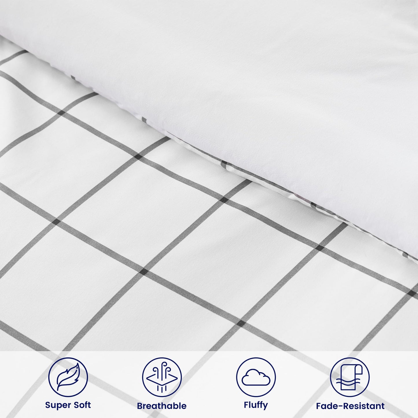 SLEEP ZONE 7 Pcs Comforter and Sheet Set Queen Size, Grey Grid Luxury Fluffy Soft Down Alternative Comforters with Flat Sheet, Fitted Sheets, Pillowcase, White
