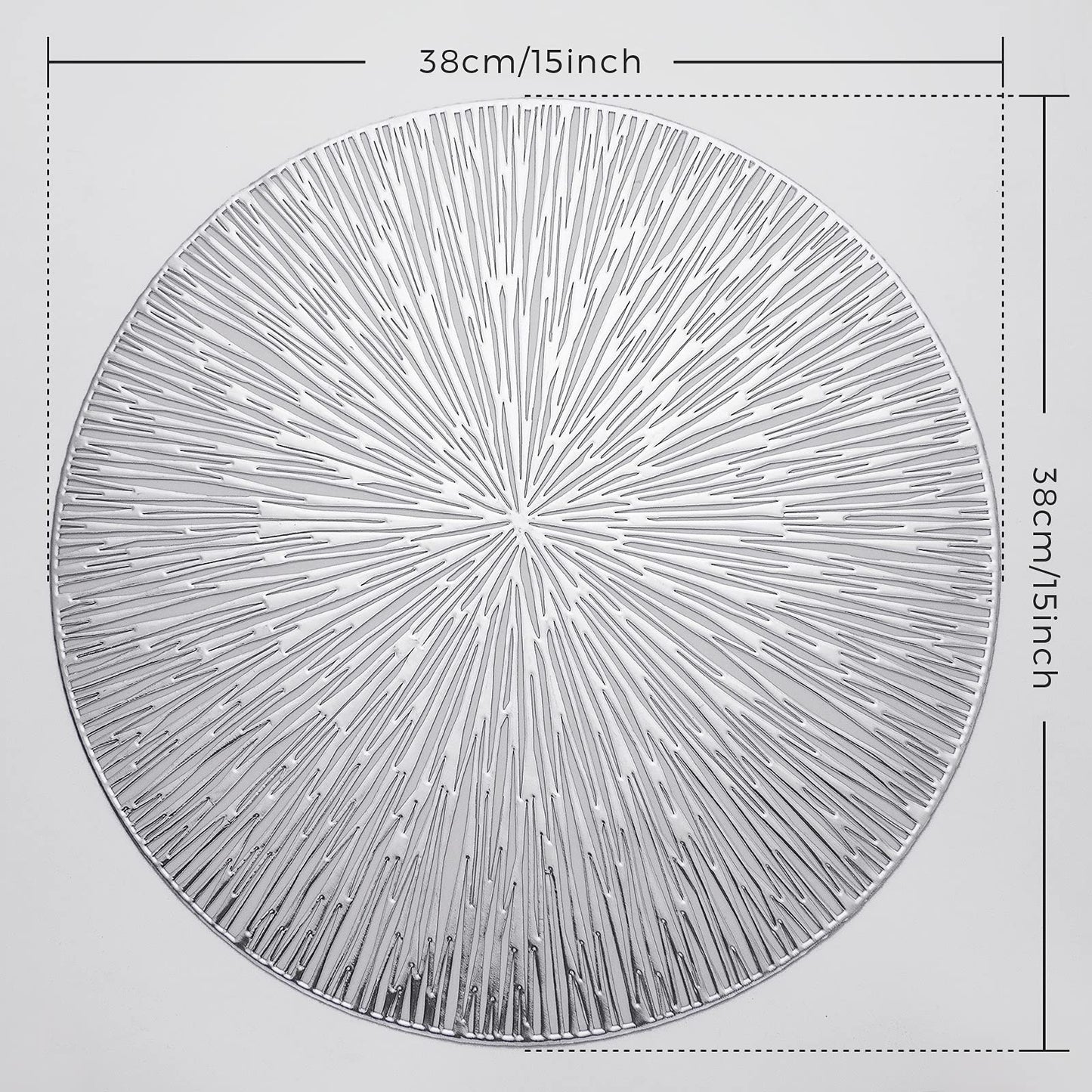 Evevda Placemats for Dining Table Set of 6 Round Hollow Out Table Mats Pressed Metallic Vinyl Plastic Place Mats Table Decoration for Holiday Wedding Accent Centerpiece(Silver Radial Circle)