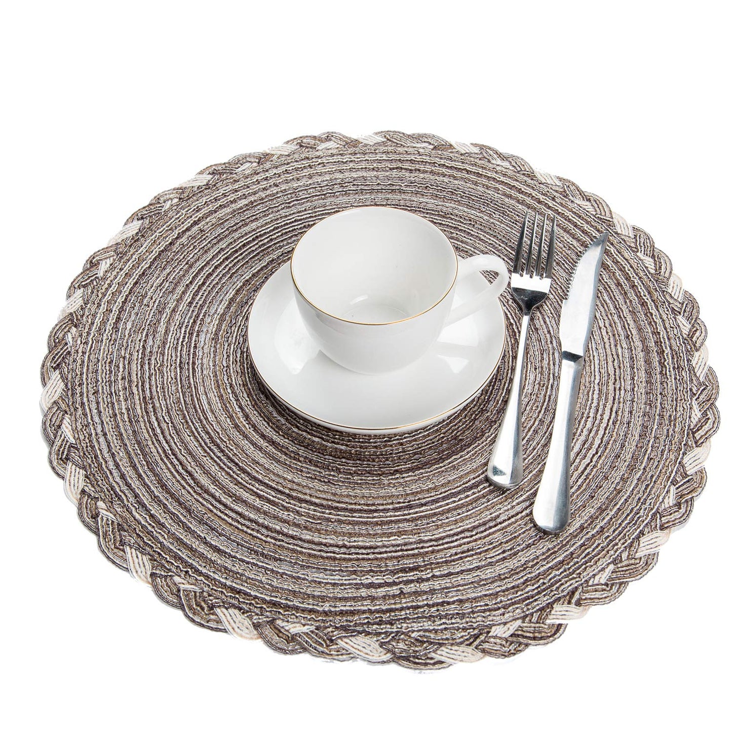 SHACOS Round Placemats Set of 4 Braided Glitter Round Table Placemats 15 inch for Wedding Holiday Party (Multicolor-Light Coffee, 4)