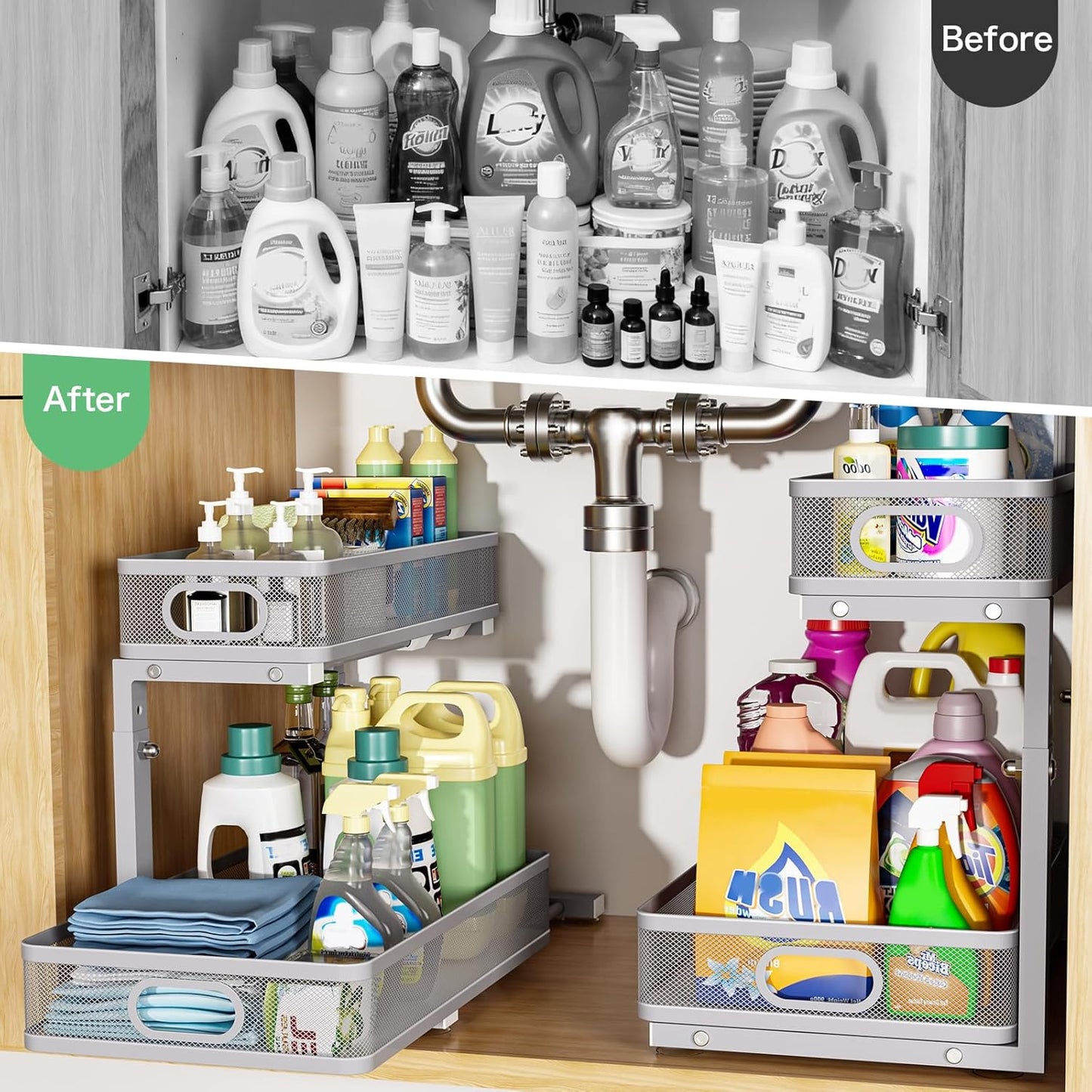 Under Sink Organizer - Adjustable 2-Tier Storage Solution | 2-Pack Metal Pull-Out Drawers for Kitchen & Bathroom