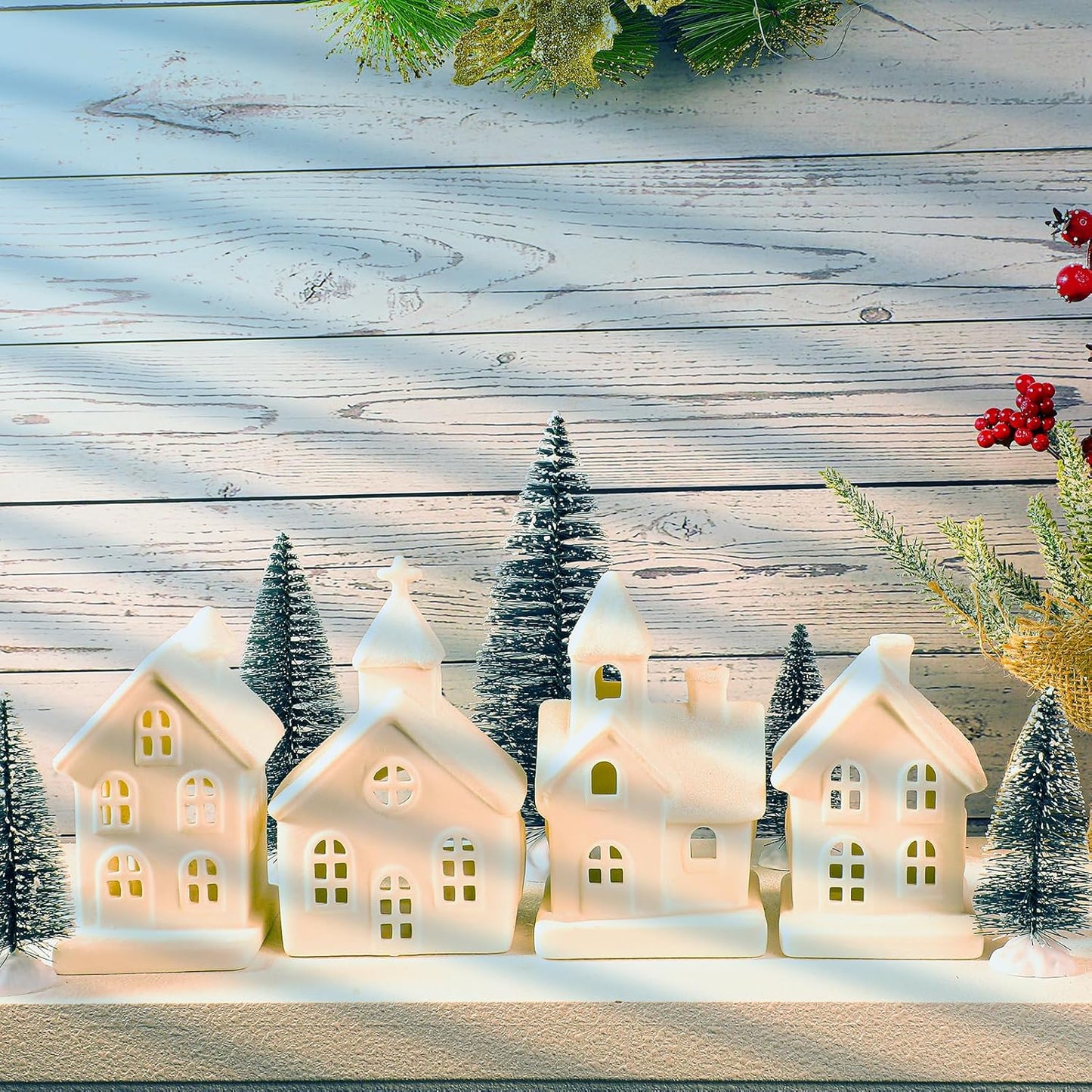 Regine Switzerland Light Up Christmas Village Set - 4 Ceramic Houses & 5 Xmas Trees | Winter White Decor