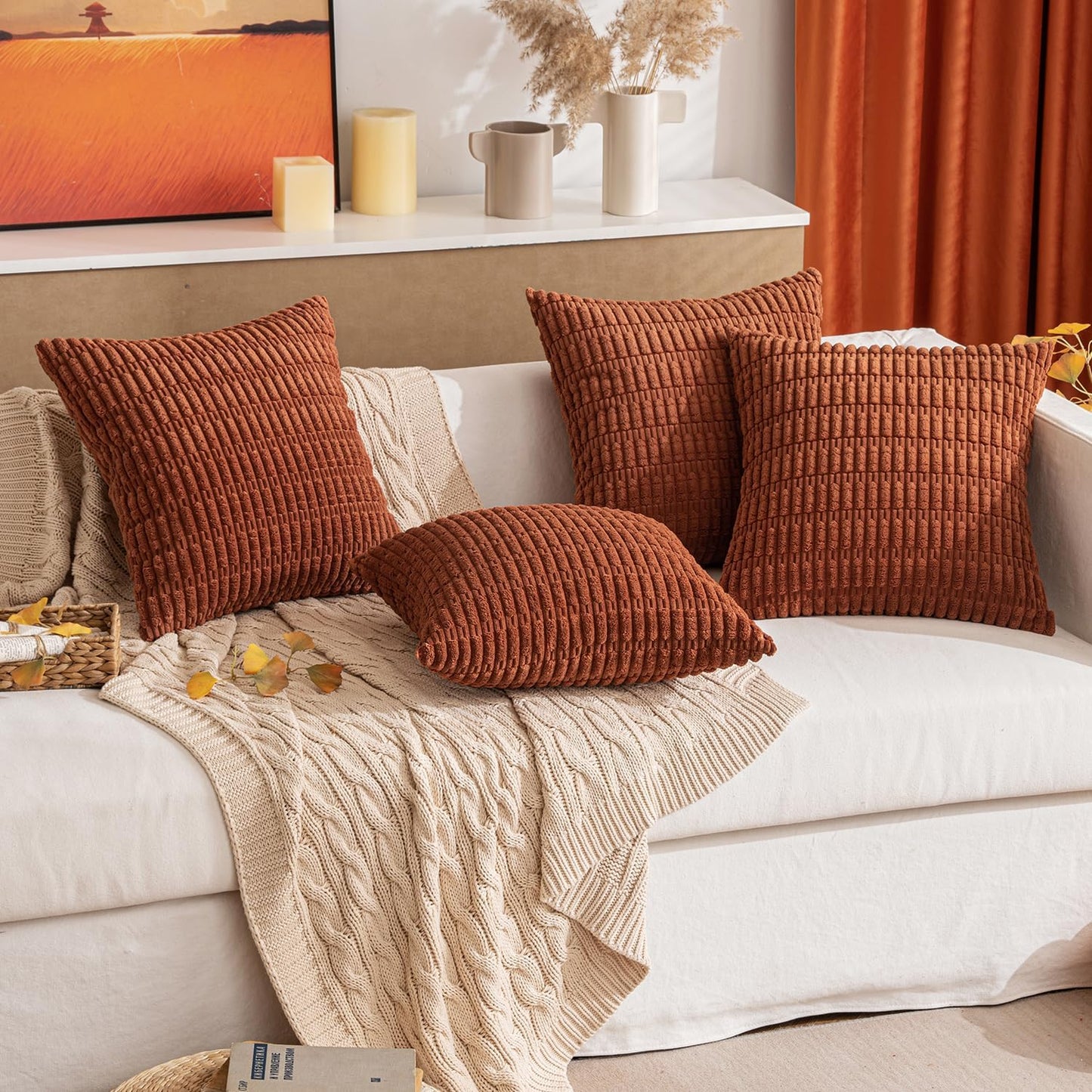 MIULEE Decorative Pillow Covers - Soft Dark Rust Corduroy | Set of 2, 16x16 Inch Boho Striped Design for Modern Farmhouse Decor