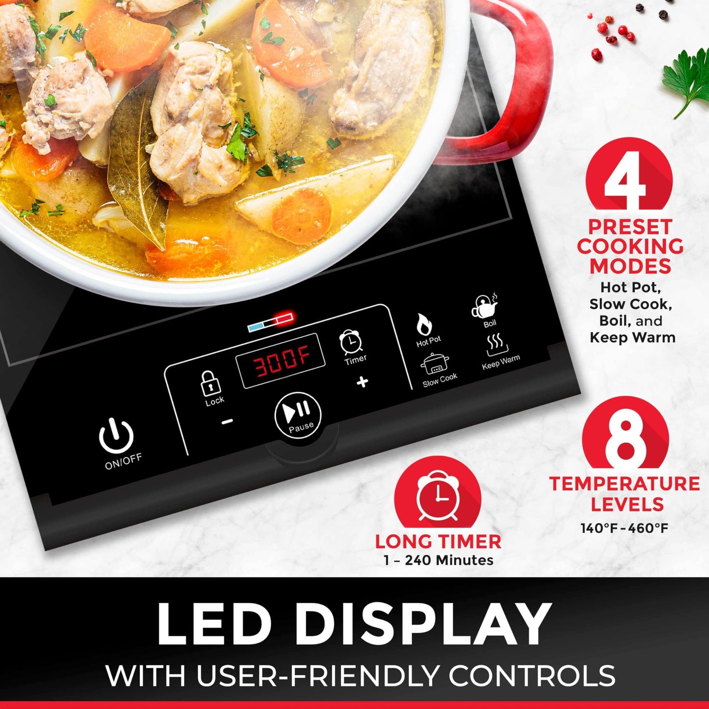 Mueller RapidTherm Portable Induction Cooktop,1800W Single Burner Hot Plate with 8 Power Levels, 8 Temperature Settings, 4 Presets, 4-Hour Timer, Auto Shut-Off & Child Lock for RV, Dorm, Small Kitchen
