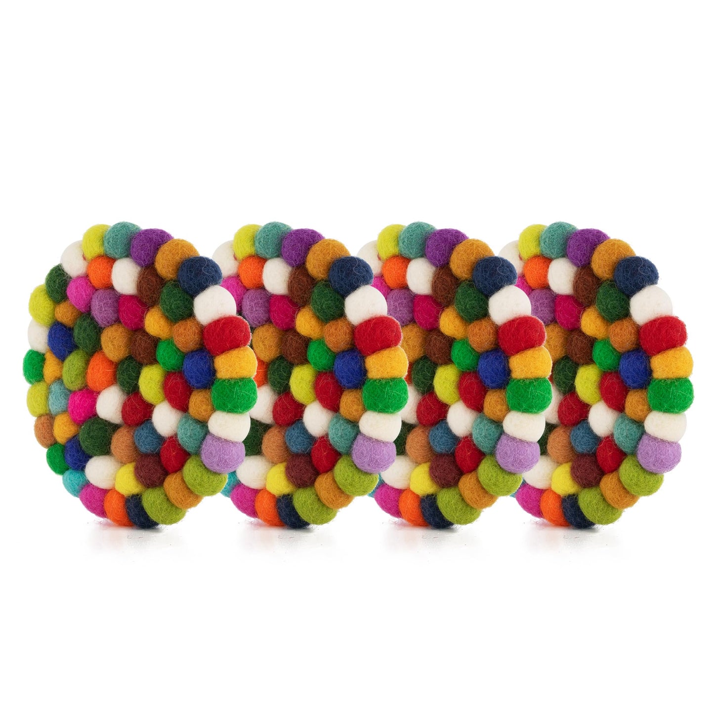 Set of 4 Round Felt Ball Coasters - 100% Merino Wool Table Coasters for Drinks and Bar - Absorbent, Heat Resistant, Thick & Durable Felt Coaster Pads - Handcrafted in Nepal, Eco-Friendly-White, B1400