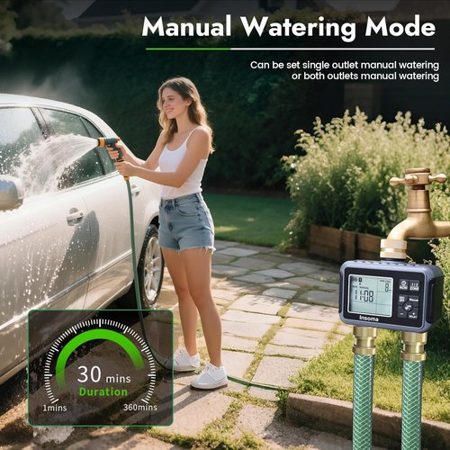Insoma Water Timer - Brass Inlet & Outlet | 2-Zone Outdoor Hose Timer for Garden with Auto/Manual/Rain Delay