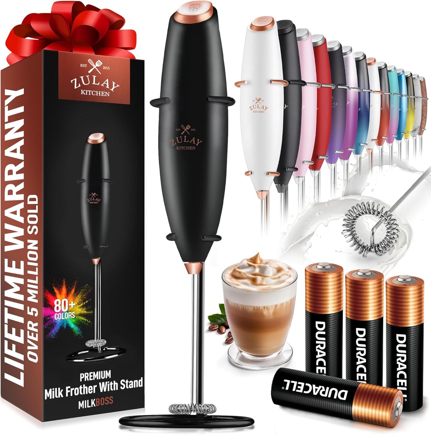 Zulay Kitchen Milk Frother Wand - Ultra-Fast Handheld Drink Mixer with 4 AA Batteries - Black Copper